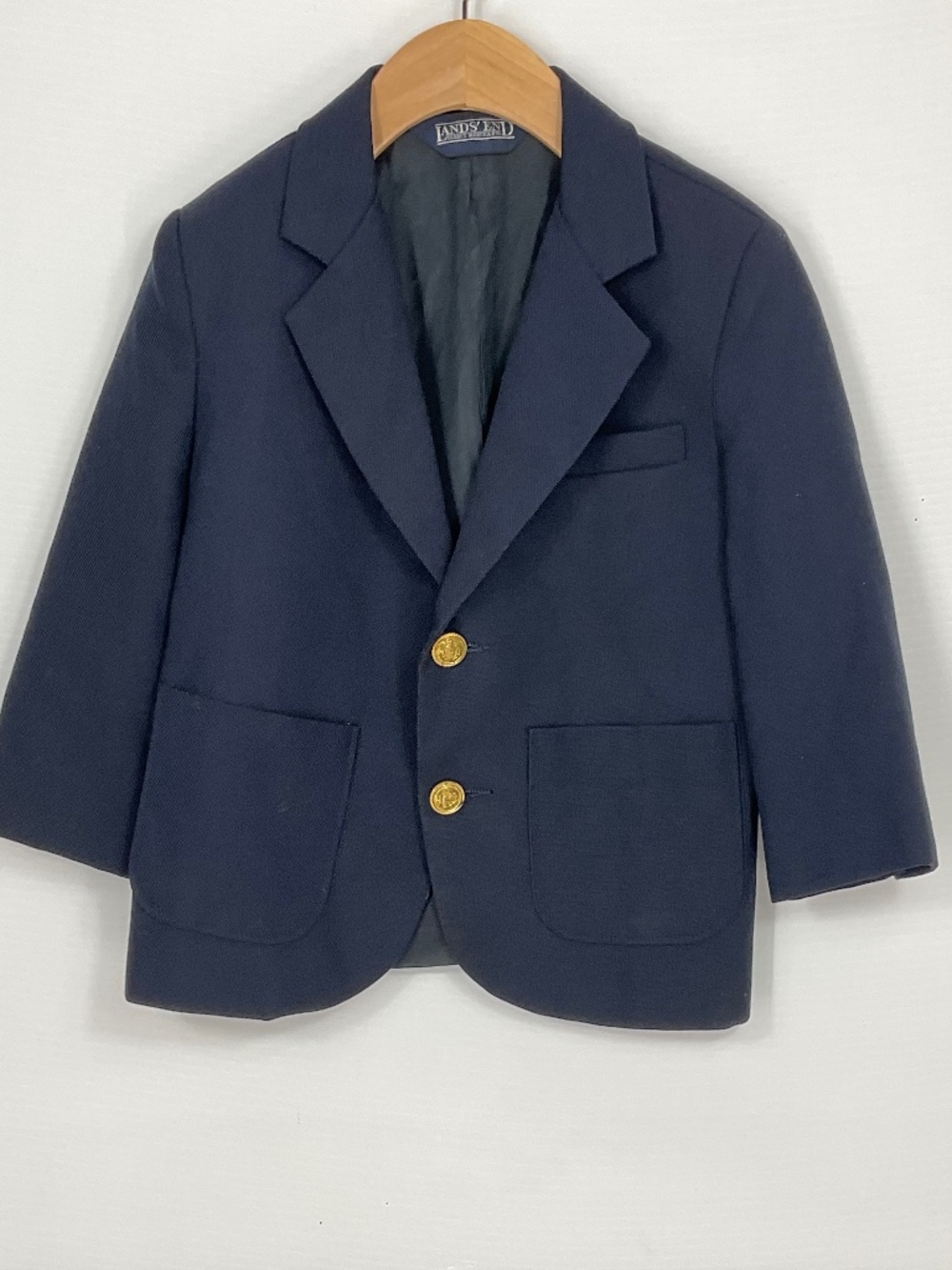 Vintage 90s Lands’ End Made in USA Navy Wool Blazer Gold Buttons Size 5